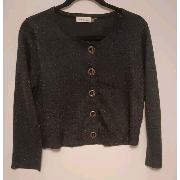 Calvin Klein Cropped Cardigan Medium Black Sparkly Silver Toggle Closure - Picture 1 of 6